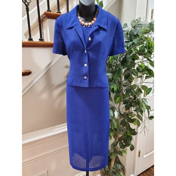 Miss Dorby Women Blue Solid Short Sleeve Jacket & Knee Length Dress 2 Pcs Suit M - Picture 1 of 12